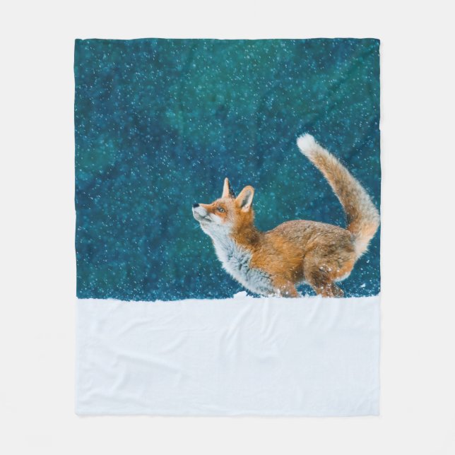 Fox i snöfall. Röda räv, vulpes vulpes, hoppa i Fleecefilt (Framsidan)
