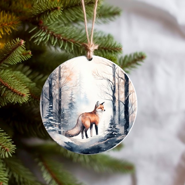 Fox i Snowy Winter Woodlands Forest Animals Julgransprydnad Keramik (Skapare uppladdad)