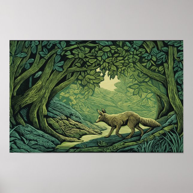Fox in a forest with woodcut textures poster (Framsidan)