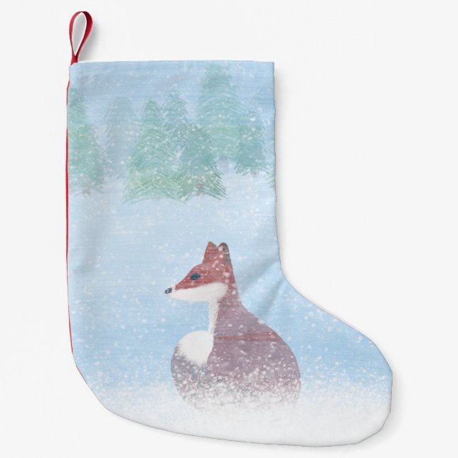 Fox in a Snowy Forest Stocking Liten Julstrumpa (Framsidan)