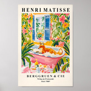 Fox in Bathtub Funny Poster, Mid Century Wall Art. Poster