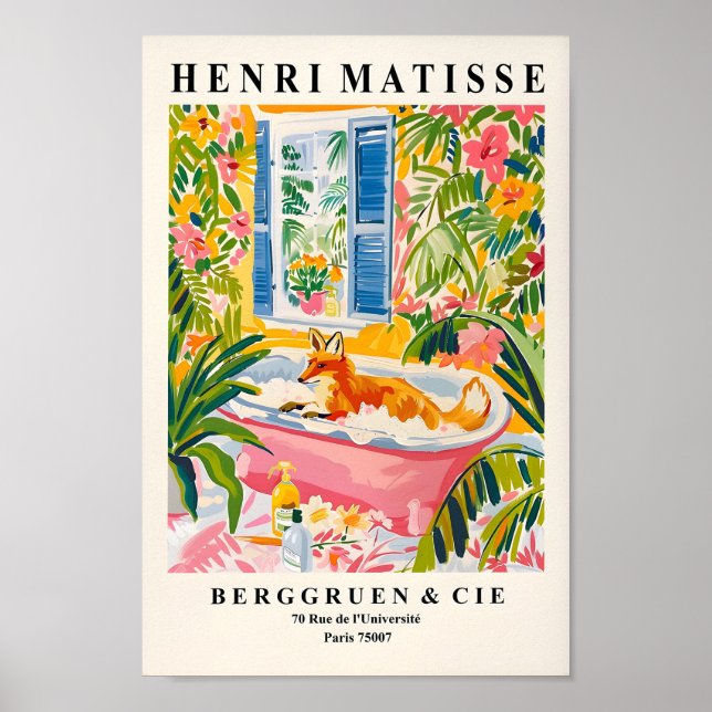 Fox in Bathtub Funny Poster, Mid Century Wall Art. Poster (Framsidan)