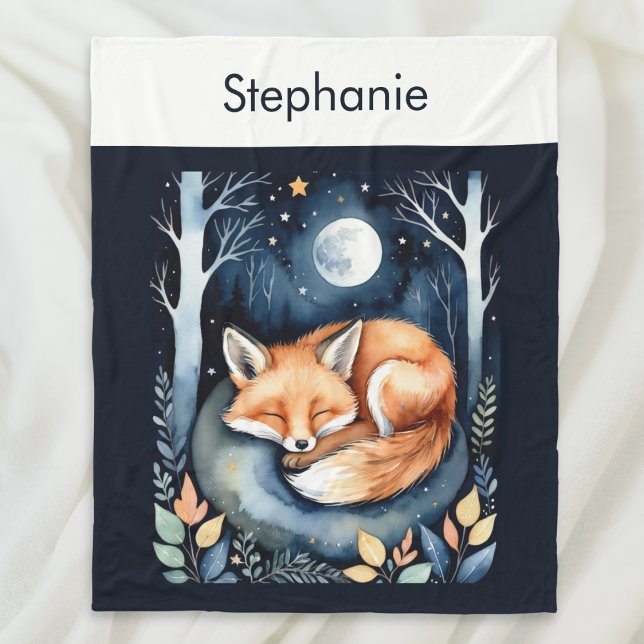 Fox in Moonlit Forest Watercolor Whimsical Cute Fleecefilt (A personalized, cozy, fleece blanket, with illustration of a fox curled up asleep in woodland)