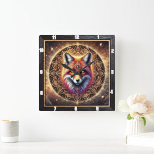 Fox Intricate Mandala Design Vibrant Cosmic Färg Fyrkantig Klocka
