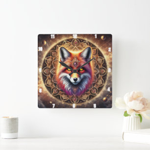 Fox Intricate Mandala Design Vibrant Cosmic Färg Fyrkantig Klocka