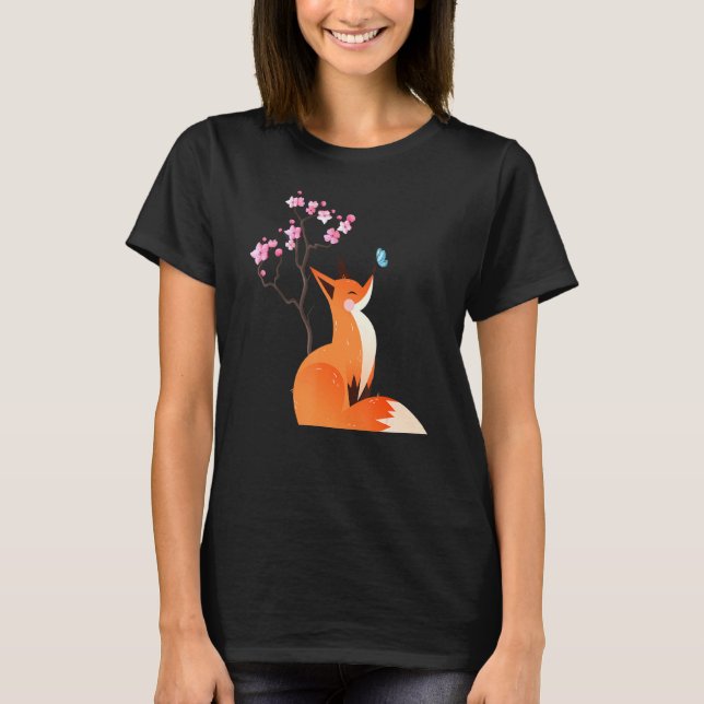 Fox Japansk Cherry Blommar Flower Vintage T Shirt (Framsida)