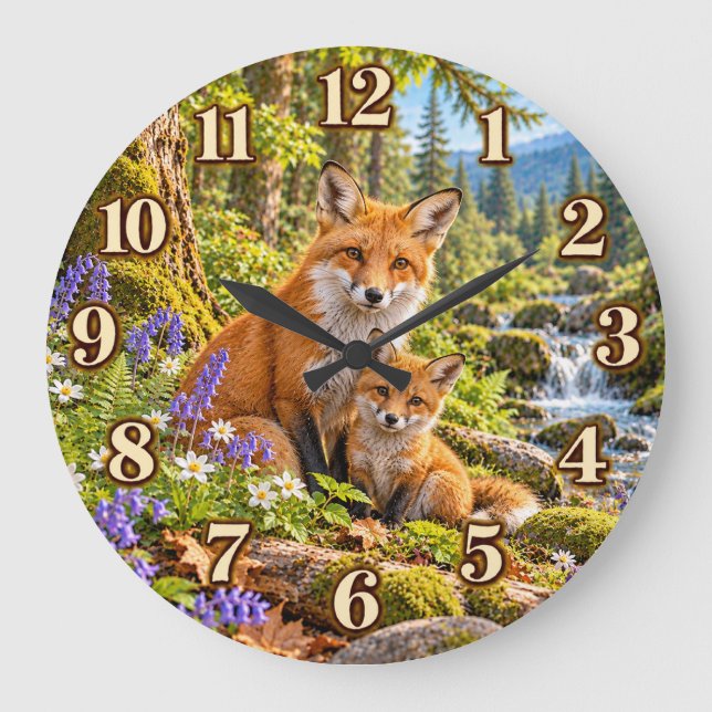 Fox & Kit Mountain Wilderness Clock Stor Klocka (Framsida)
