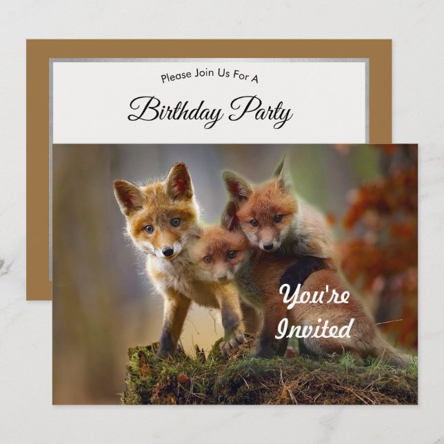Fox Kits Photo Birthday Inbjudningar (Fram/baksida)