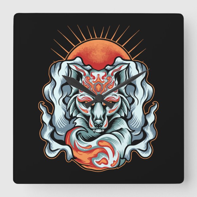 Fox    KitsuneSquare-väggklocka Fyrkantig Klocka (Framsida)