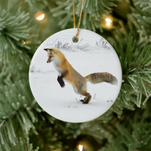 Fox Leaping Snö Photo Julgransprydnad Keramik