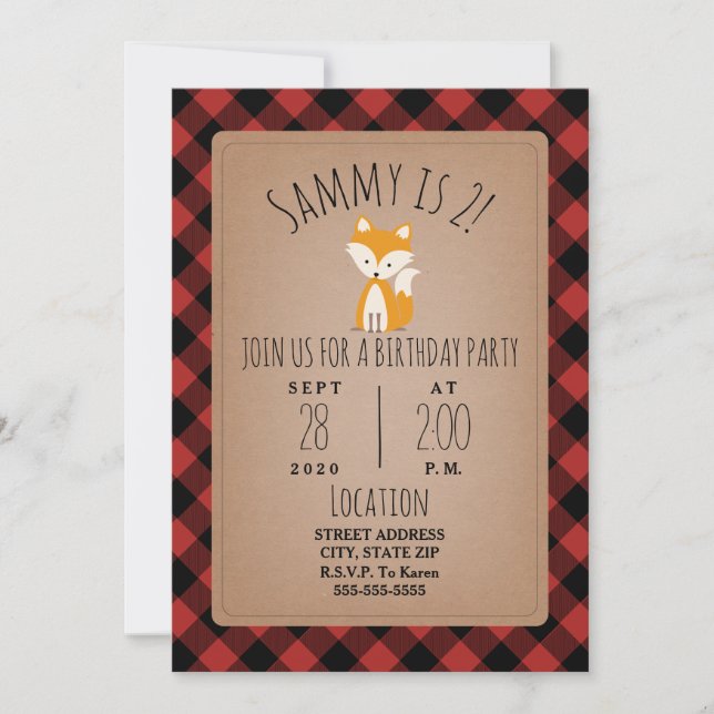Fox Lumberjack-Födelsedagsfest Inbjudningar (Framsida)