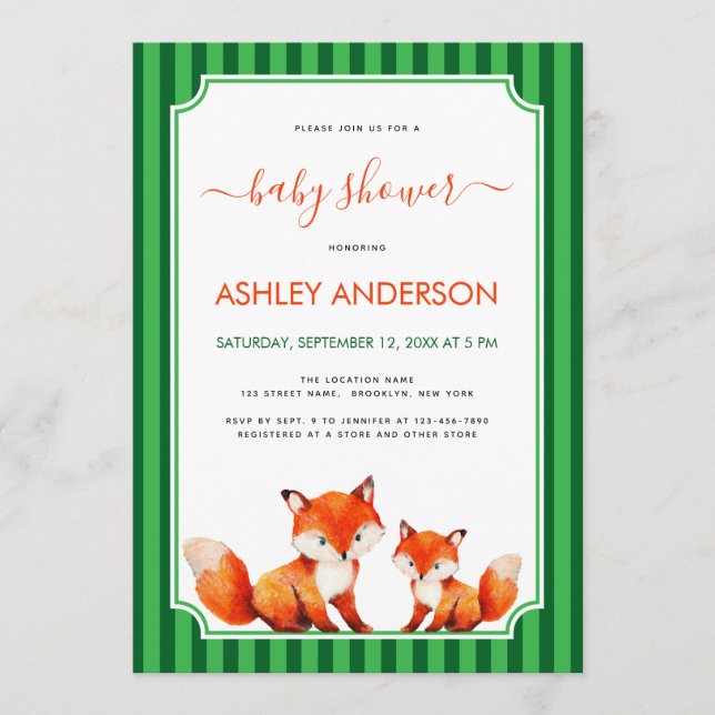 Fox Mama and Baby Shower Green Stripes Cute Inbjudningar (Framsida)