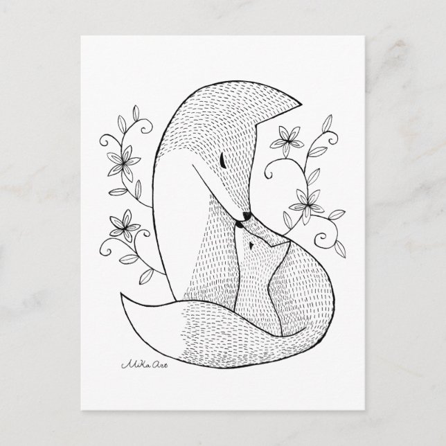 Fox mamma & baby vykort Fox bläck teckning Art-kor (Framsida)