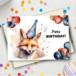 Fox med ballonger och Party Hat Grattis på födelse Kort