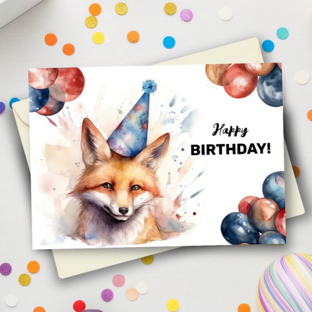 Fox med ballonger och Party Hat Grattis på födelse Kort (Skapare uppladdad)