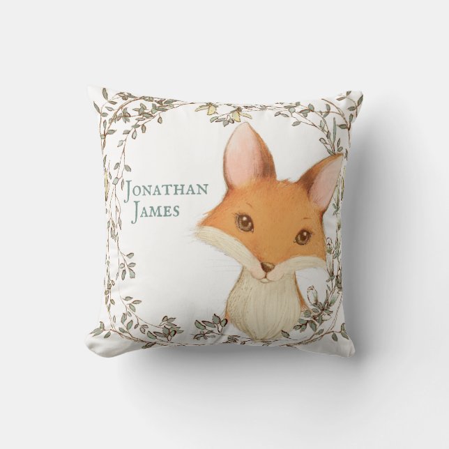 Fox med Blommigt Personligen Baby Namn Kudde (Framsida)