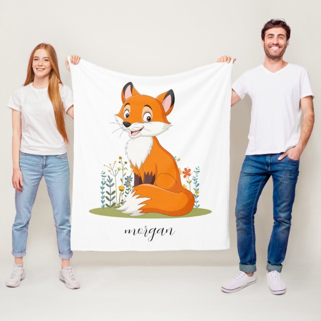 Fox med blommor, barns Namn eller ditt meddelande Fleecefilt (På plats)