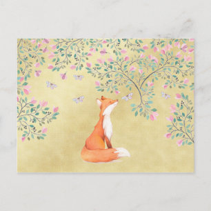 Fox med Butterflies och Rosa Flowers Vykort