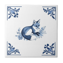 Fox med Delft Blue och White Corner Flourish Kakelplatta