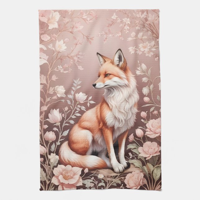Fox med Dreamy Rosa Blommigt Kökshandduk (Vertikal)