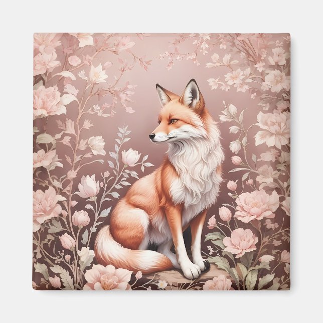 Fox med Dreamy Rosa Blommigt Magnet (Framsidan)