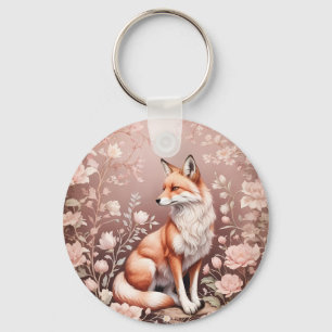 Fox med Dreamy Rosa Blommigt Nyckelring