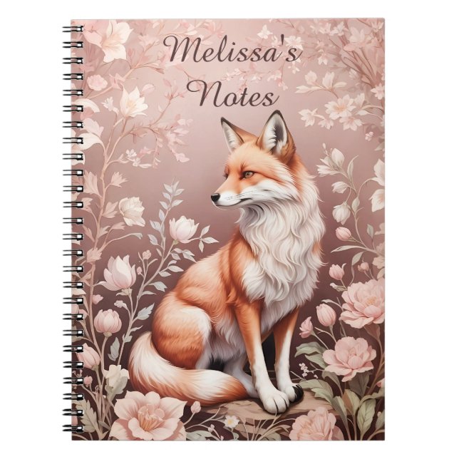 Fox med Dreamy Rosa Blommigt - Personlig Namn Anteckningsbok (Framsidan)