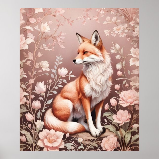 Fox med Dreamy Rosa Blommigt Poster (Framsidan)