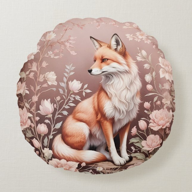 Fox med Dreamy Rosa Blommigt Rund Kudde (Framsidan)