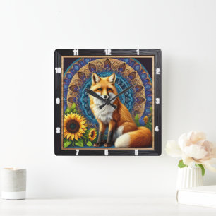 Fox med Mandala och Solrosvibrant Färg Fyrkantig Klocka