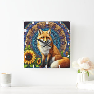 Fox med Mandala och Solrosvibrant Färg Fyrkantig Klocka