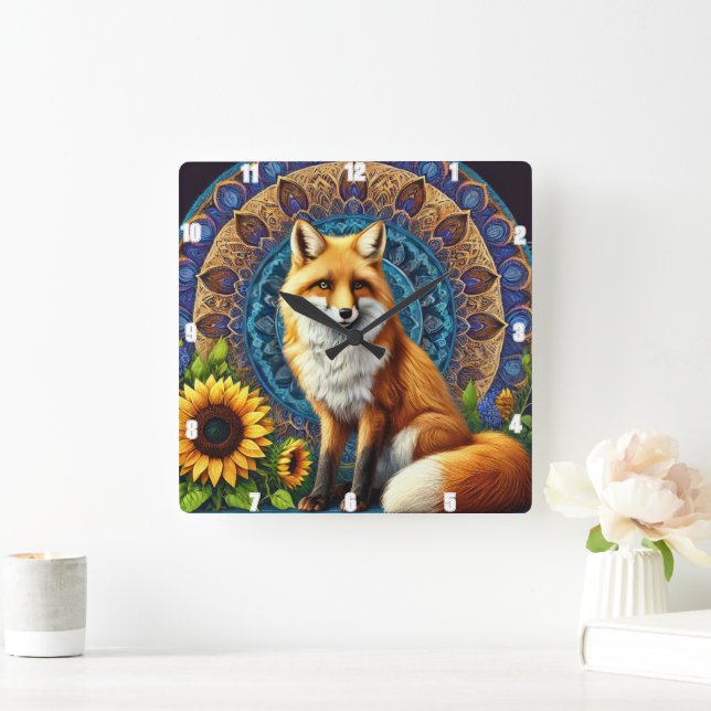 Fox med Mandala och Solrosvibrant Färg Fyrkantig Klocka (Hem)