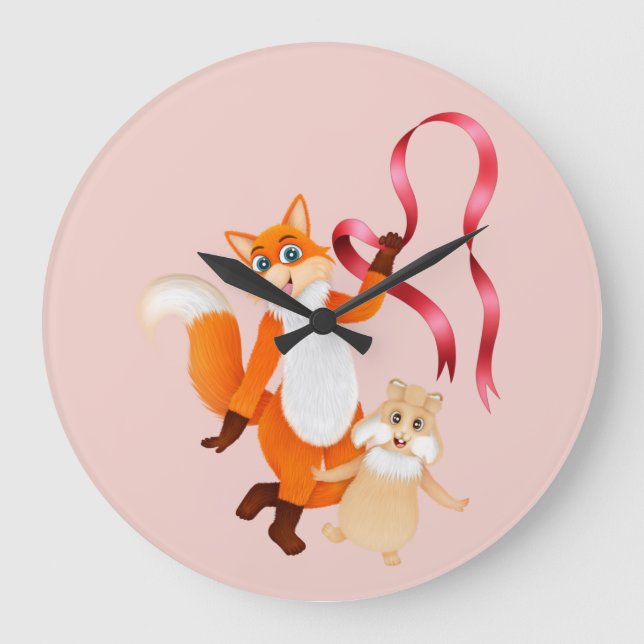 Fox med ribbon och kanin med babylicklock stor klocka (Framsida)
