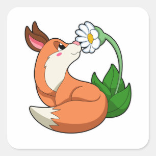 Fox med vit blomma fyrkantigt klistermärke