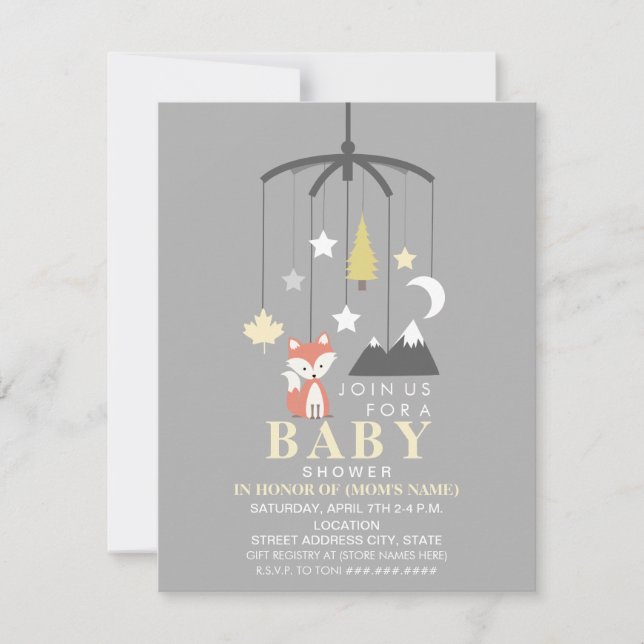 Fox Mobile Neutralt Modern Baby Shower Inbjudningar (Framsida)