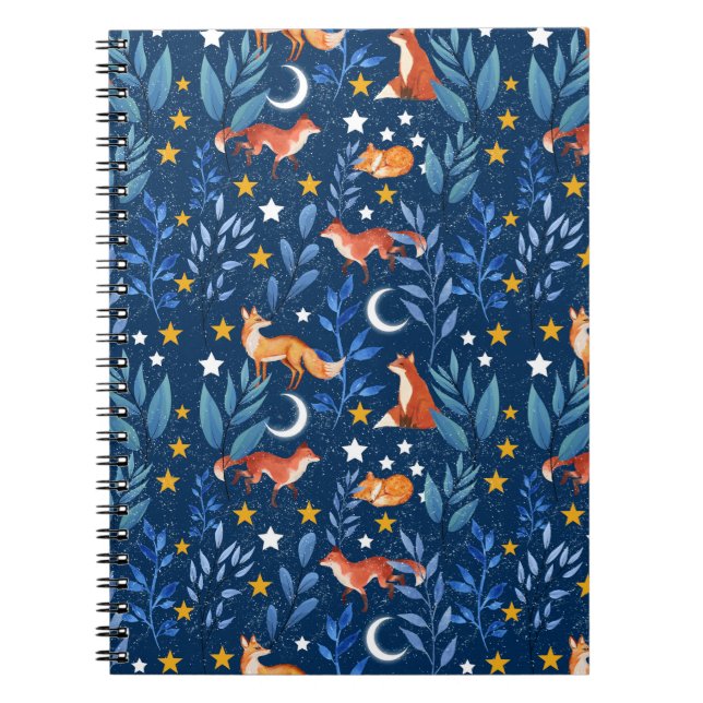 Fox Night Forest Celestial Seamless Pattern Anteckningsbok (Framsidan)