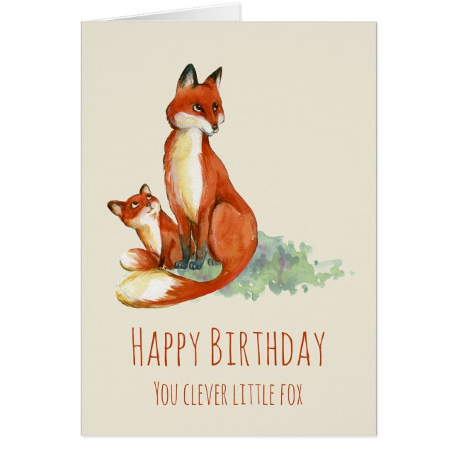 Fox och Baby Watercolor Birthday Clever Fox Hälsningskort (Framsidan)