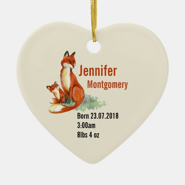 Fox och Baby Watercolor Illustration Baby Birth Julgransprydnad Keramik (Framsidan)