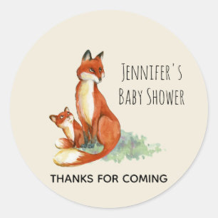 Fox och Baby Watercolor Illustration Baby Shower Runt Klistermärke