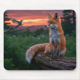 Fox och fåglar vid solnedgången i skogscen musmatta