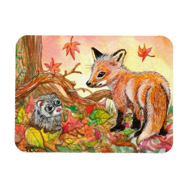 Fox och Ferret i Höst löv Magnet (Horisontell)