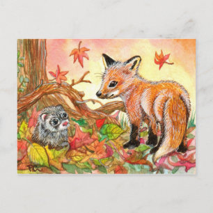 Fox och Ferret i Höst löv Vykort