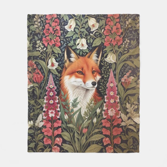 Fox och Foxglove Flowers William Morris Inspired Fleecefilt (Framsidan)