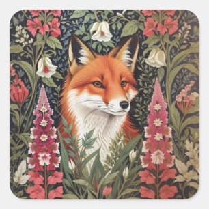 Fox och Foxglove Flowers William Morris Inspired Fyrkantigt Klistermärke