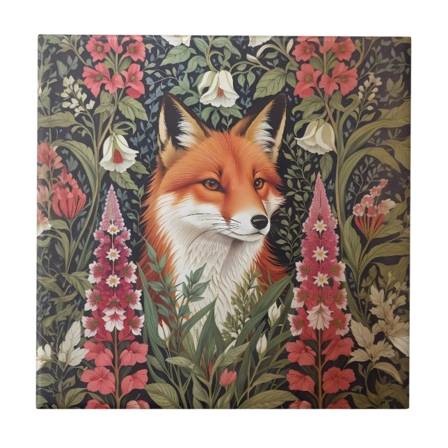 Fox och Foxglove Flowers William Morris Inspired Kakelplatta (Framsidan)