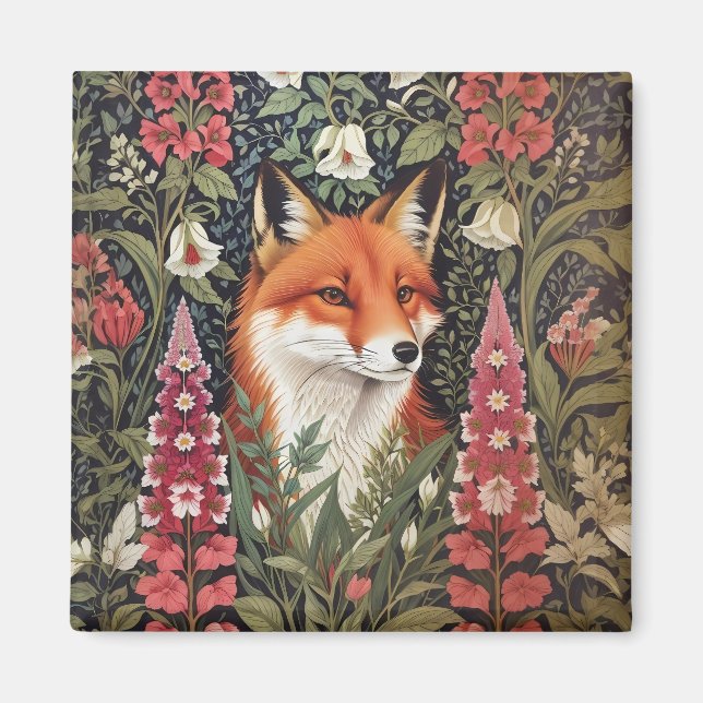 Fox och Foxglove Flowers William Morris Inspired Magnet (Framsidan)