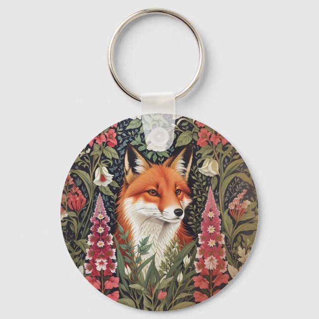 Fox och Foxglove Flowers William Morris Inspired Nyckelring (Framsida)
