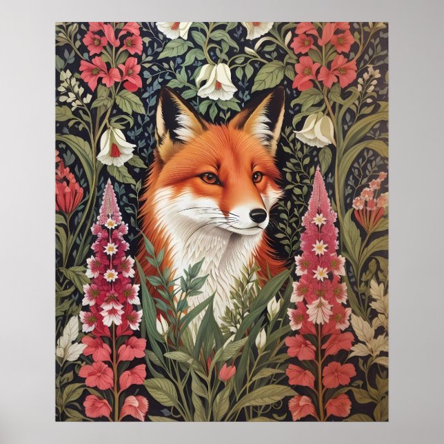 Fox och Foxglove Flowers William Morris Inspired Poster (Framsidan)