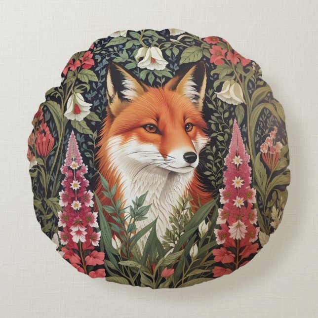 Fox och Foxglove Flowers William Morris Inspired Rund Kudde (Framsidan)