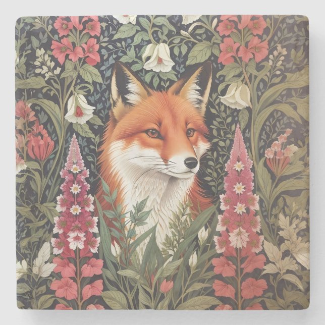 Fox och Foxglove Flowers William Morris Inspired Stenunderlägg (Framsidan)